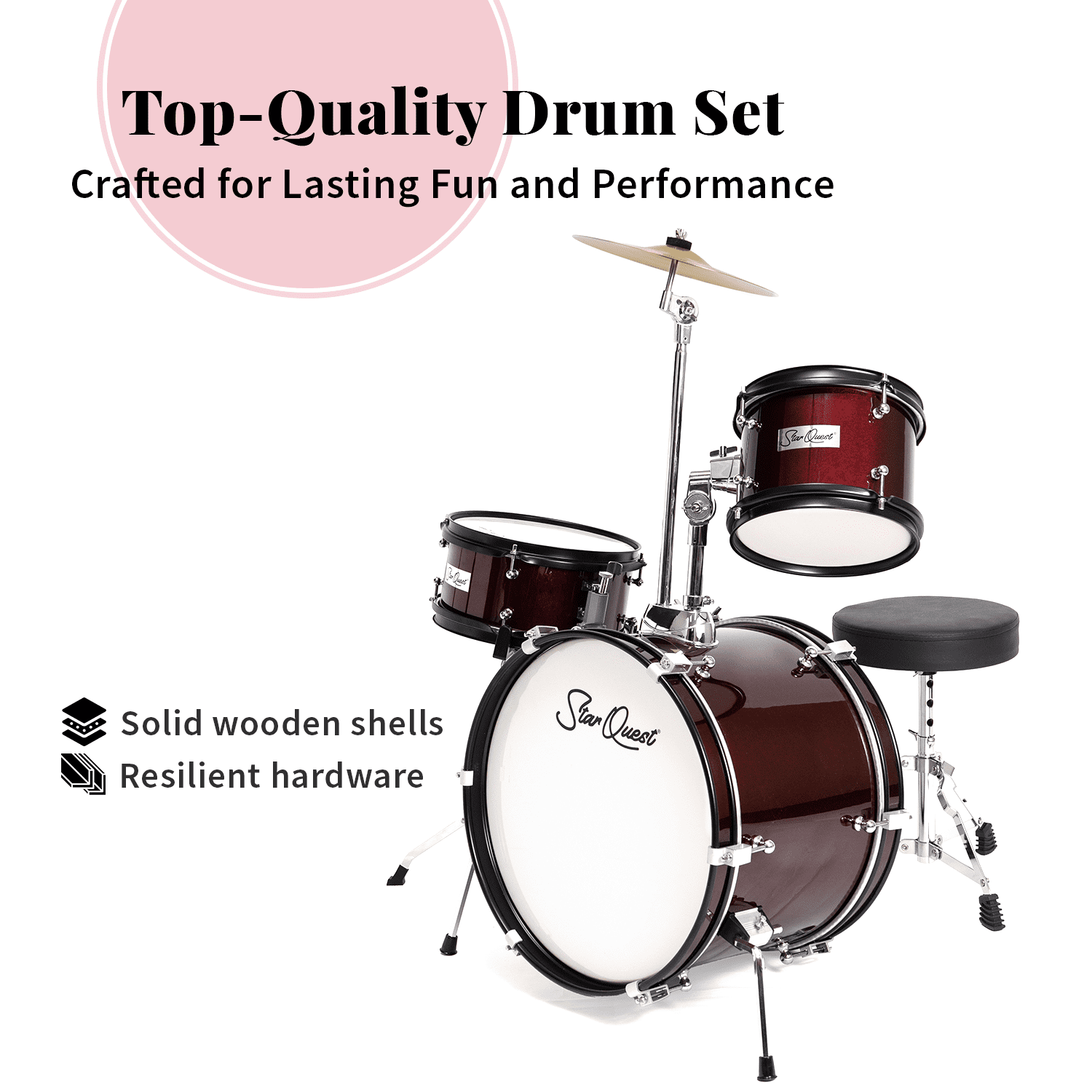 StarQuest Junior 3-Piece Drum Set – Premium Metallic Wine Red Finish with Bass, Snare, Tom and Crash Cymbal – Perfect for Junior Drummers and Beginners