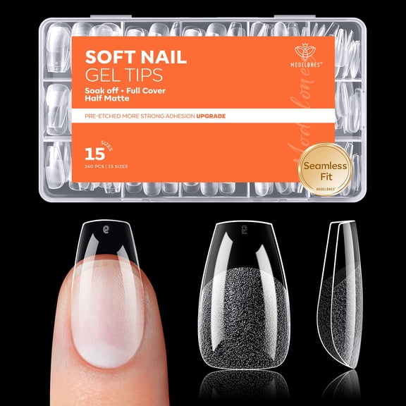 Modelones Short Coffin Fake Nail Tips - 240Pcs Gel Tips Pre-shaped Half Matte Full Cover Clear Acrylic Gel Kit False Press on Nails for Extension DIY Salon 15Sizes Visit the modelones Store