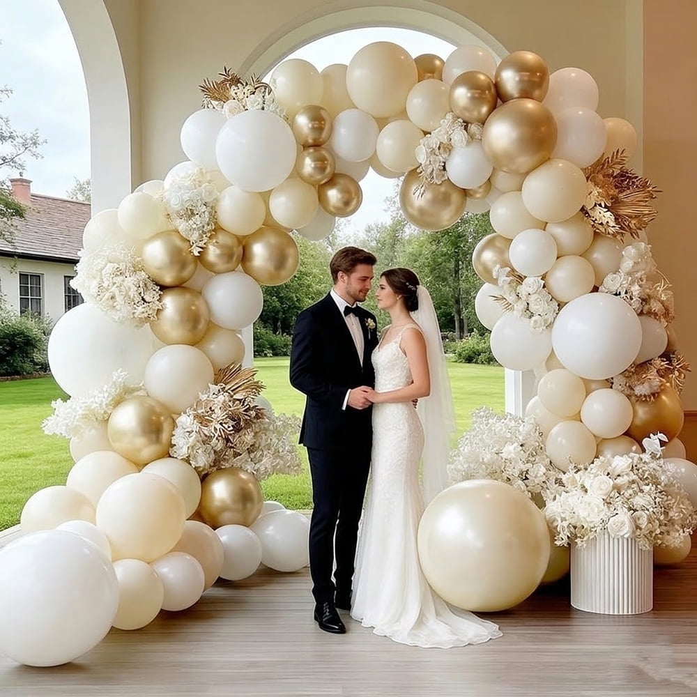 White Gold Balloon Arch Pearl White Sand Balloons Cream Beige Balloon Garland Kit for Boho Baby Showers Wedding Bridal Birthday Party Decorations