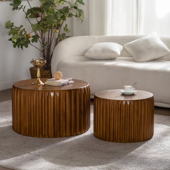 Lisonu Fluted Round Nesting Coffee Table Set of 2, Mid-Century Solid Wood & MDF Accent Tables in Walnut — 26.77"/19.69" Diameter Textured Cylinder Design for Living Room