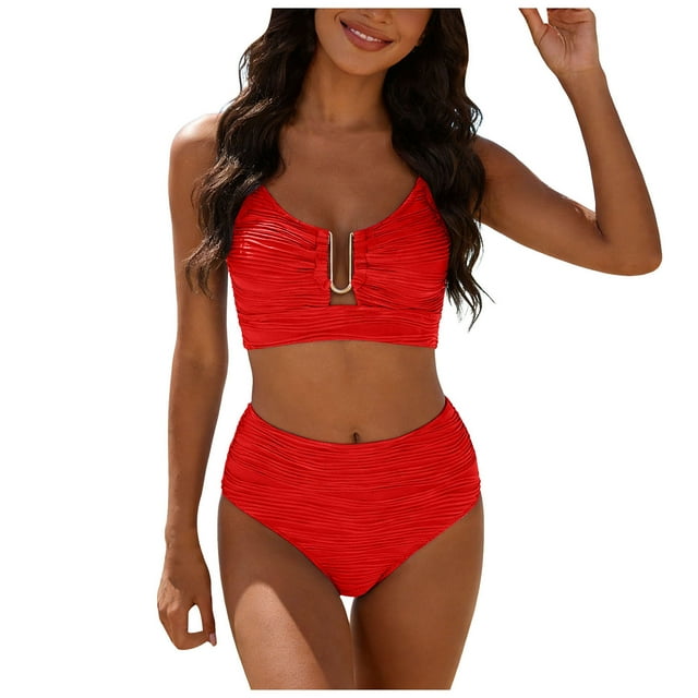 WUANDIXFA Woman Bathing Suit Women High Waisted Bikini Fashion Cute Two Piece Retro Ruched High Waist Print Bikini Set Red,XL