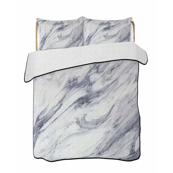 Abstract Art Quilts Bedding Set Queen Size White Dark Gray Marble Texture Modern Style Lightweight Quilted Bedspread 3 Piece Bed Quilt with 2 Pillow Shams All Season for Bedroom 78" x 90"