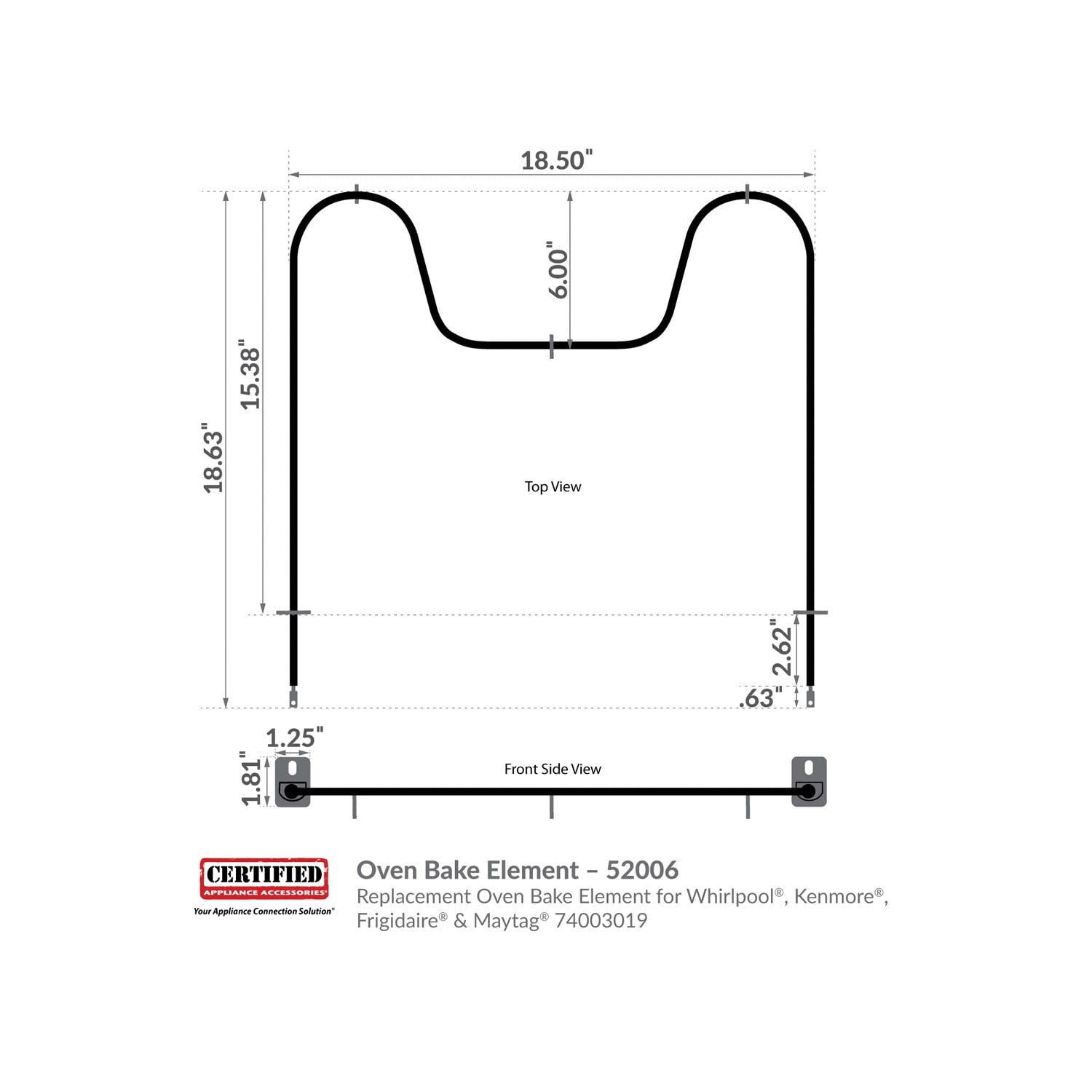 Certified Appliance Accessories 52006 Replacement Oven Bake Element For Whirlpool, Kenmore, Frigidaire & Maytag 74003019