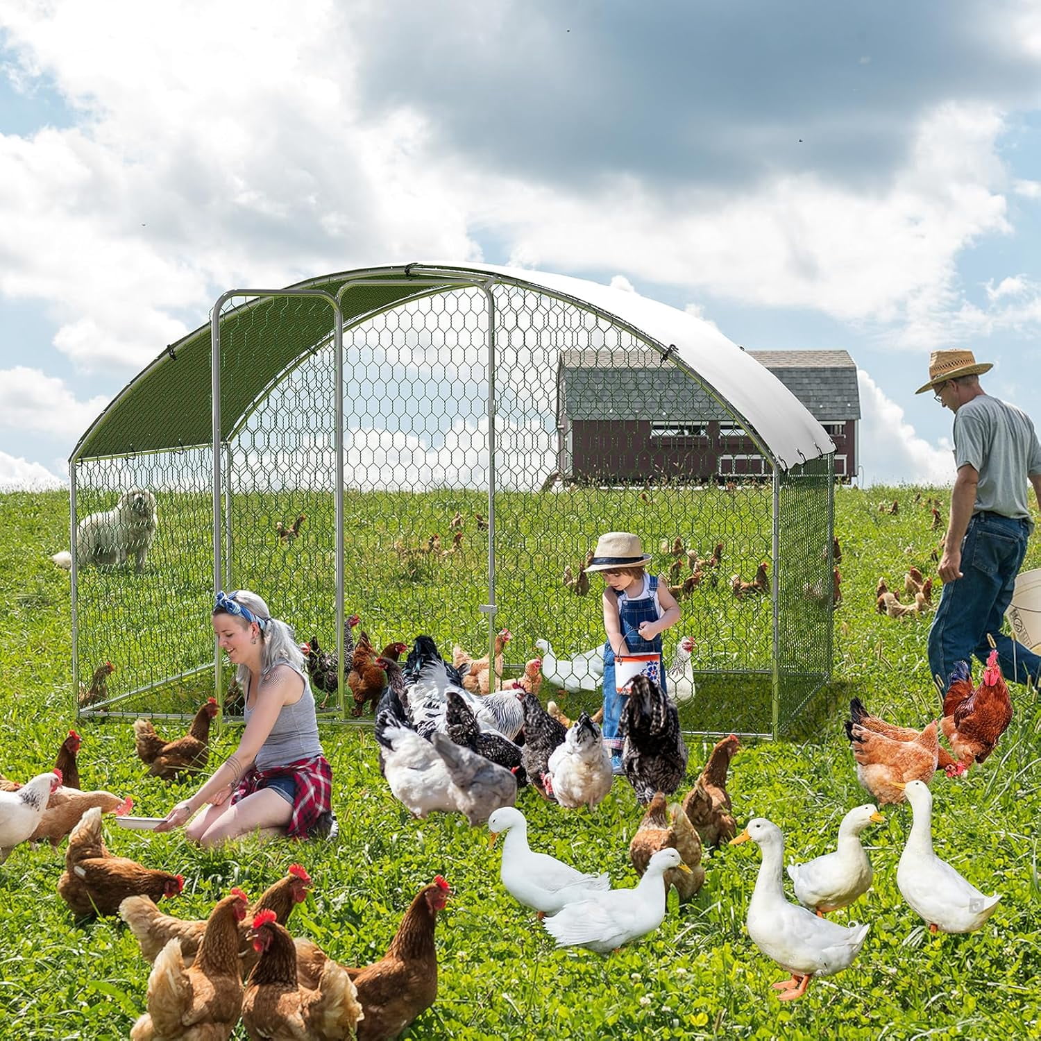 EastVita Large Metal Chicken Coop Walk in Poultry Cage Chicken Run Pen with Waterproof Oxford Roof and PVC Hex Mesh Fencing for Chickens Ducks Rabbits Quails Feeding Door Design-6FT