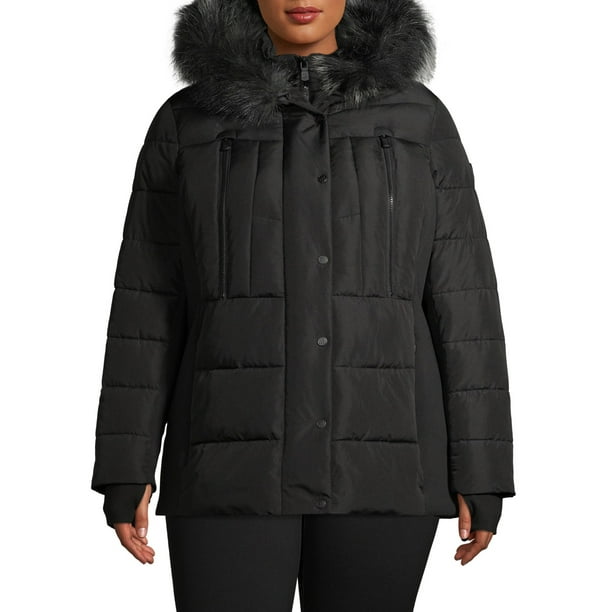 F O G Women S Plus Size Short Puffer Coat With Faux Fur Hood Com Short Puffer Coat With Faux Fur Hood, Puffer Coat With Fur Hood Plus Size