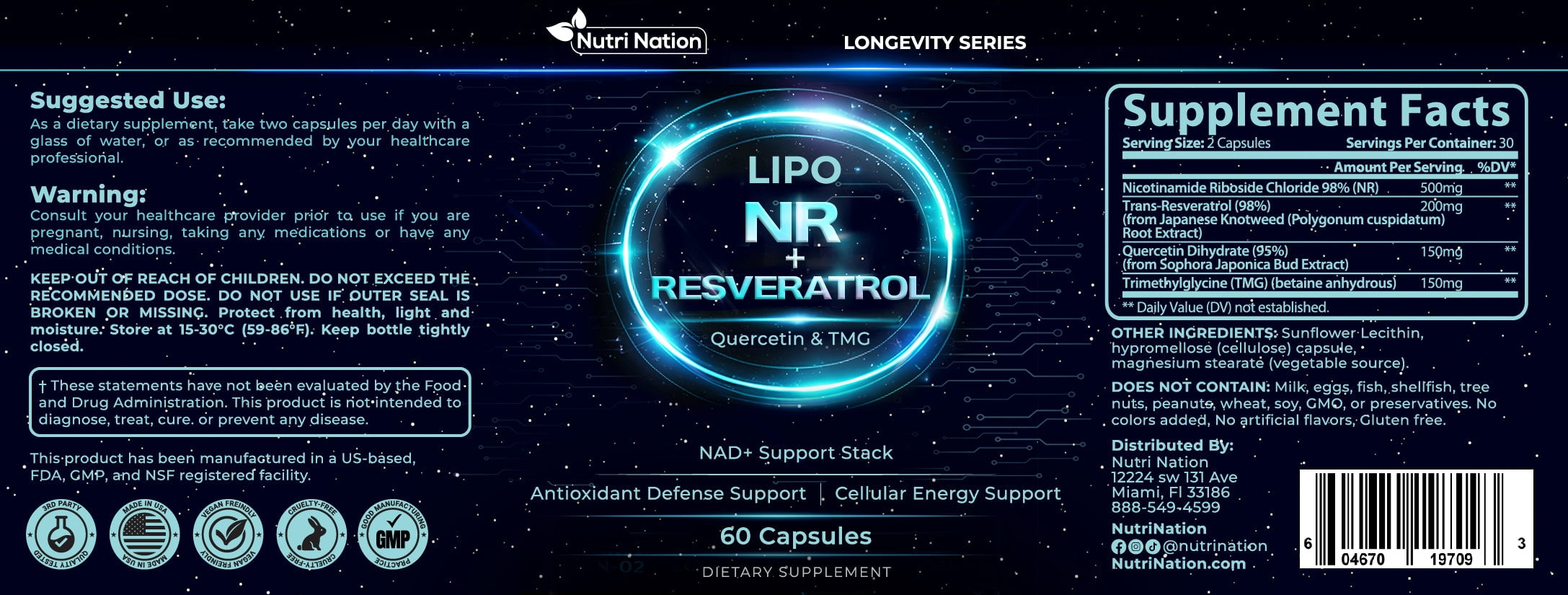 NAD Supplement with Liposomal Nicotinamide Riboside , Resveratrol, Quercetin & TMG, 180 Capsules, 3 Bottles. Cellular Energy & Antioxidant Support