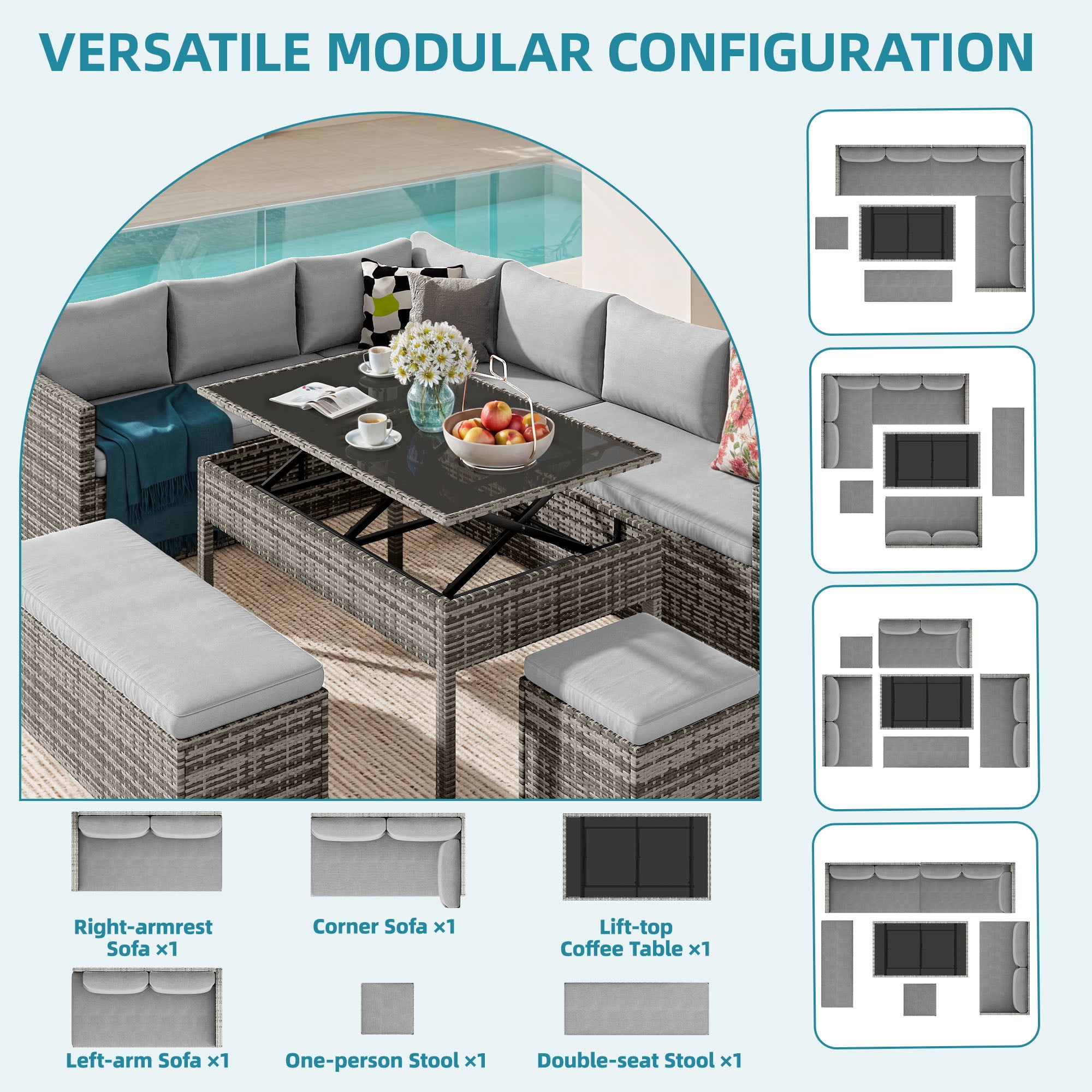 Dextrus Patio Wicker Furniture Set, 6-Piece Outdoor Sectional Sofa with Stools and Lift-Top Coffee Table, All-Weather Conversation Set for Garden, Backyard, Gray