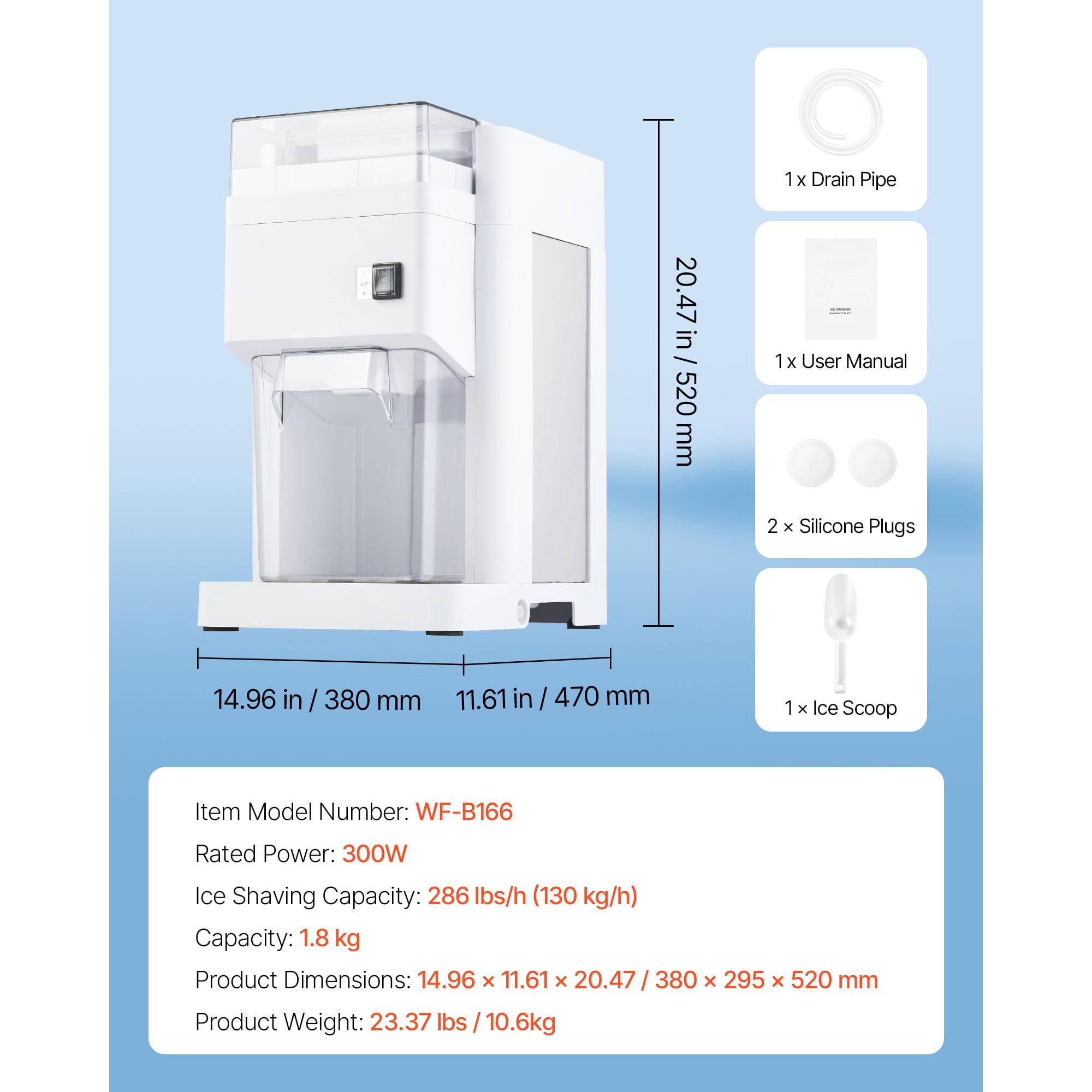 KFFKFF Commercial Ice Shaver Machine with 1.91QT/1.8L Capacity, Electric Ice Crusher Featuring 300W Motor and Stainless Steel Blades, Ideal for Bar Use, Seafood Storage, and Home Gatherings, White