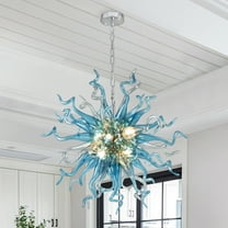 Longree Modern Adjustable Height 6-Light LED Chandelier, Blue Blown Glass Pendant Lights-28"Dia