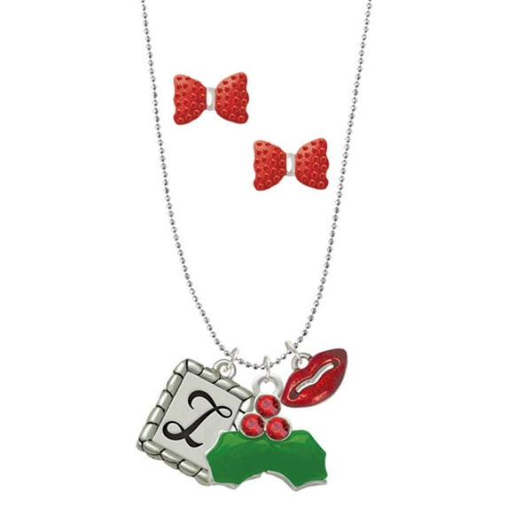 Delight Jewelry Silvertone Pebble Border Initial - I Christmas Kiss Charm Necklace and Stud Earrings