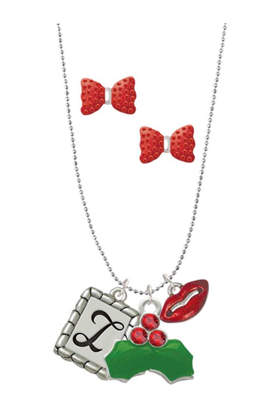 Silvertone Pebble Border Initial - I Christmas Kiss Charm Necklace and Stud Earrings