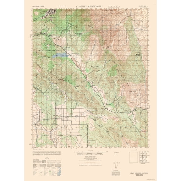 Topographical Map - Hemet Reservoir Sheet - US Army 1943 - Vintage Wall Art