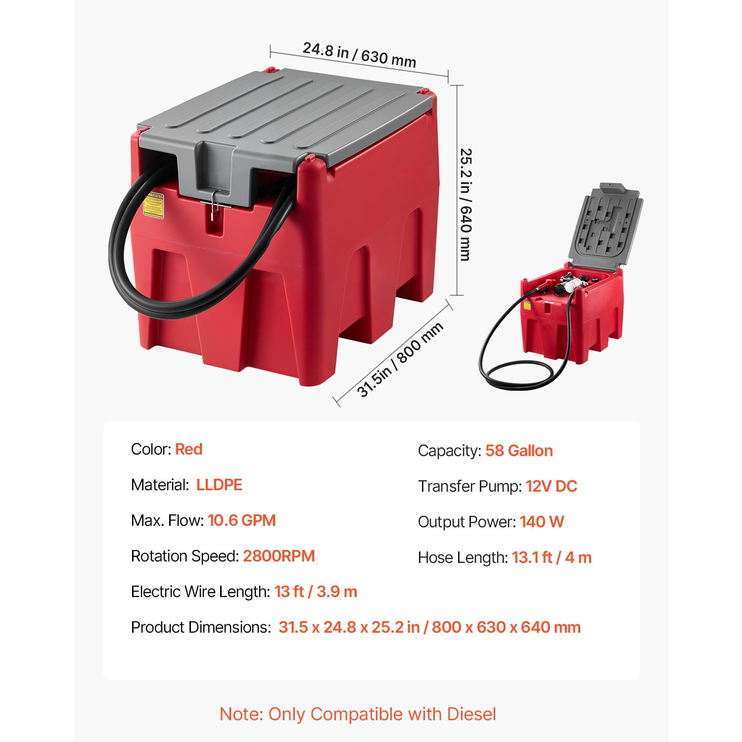 KFFKFF Portable Diesel Tank, 58-Gallon Capacity with 10 GPM Flow Rate, Fuel Tank Featuring 12V Electric Pump and 13.1ft Rubber Hose, Durable PE Construction for Convenient Fuel Transport, Red