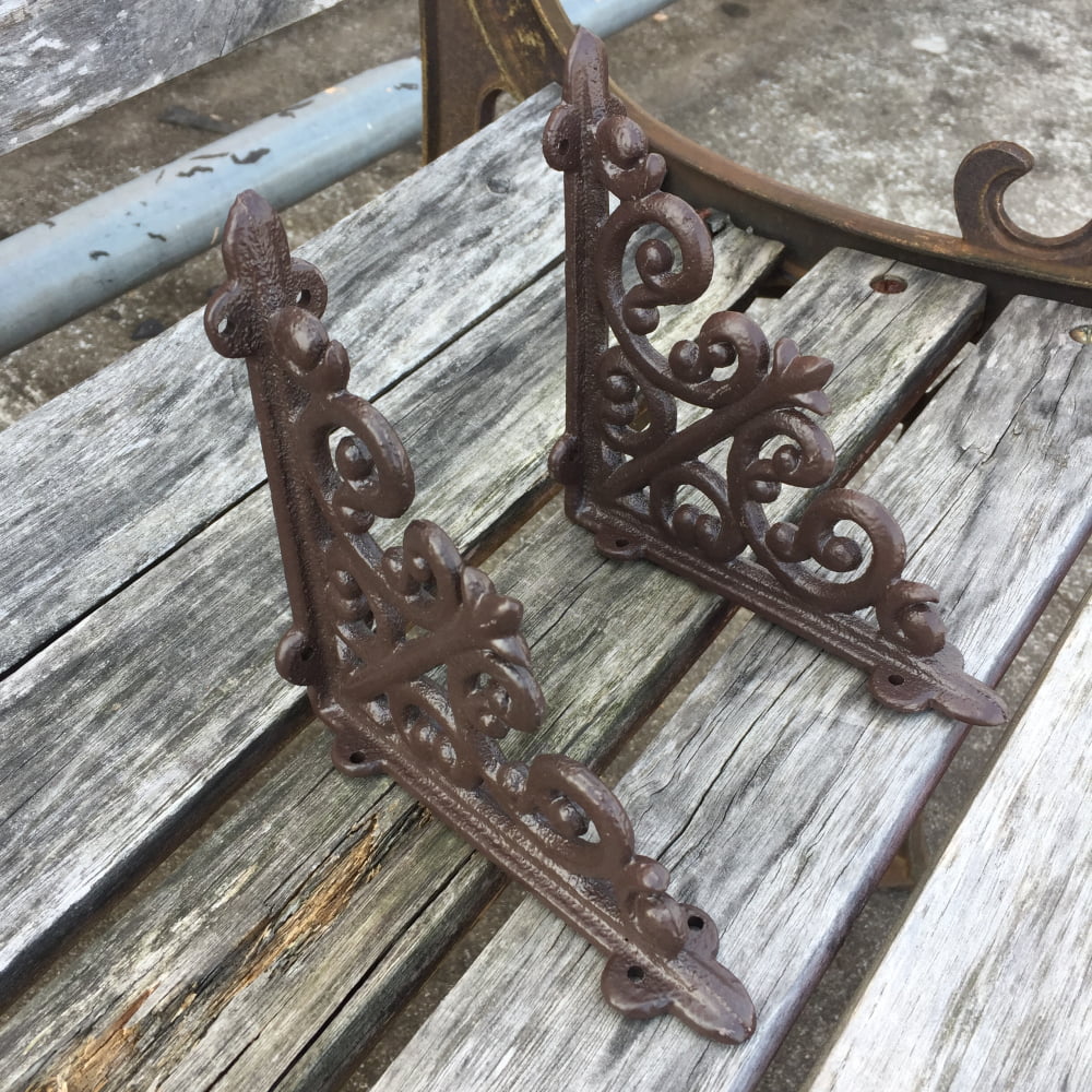SET OF 4 ORNAMENTAL SHELF BRACKET BRACE Vintage Rustic Antique Brown Cast Iron 