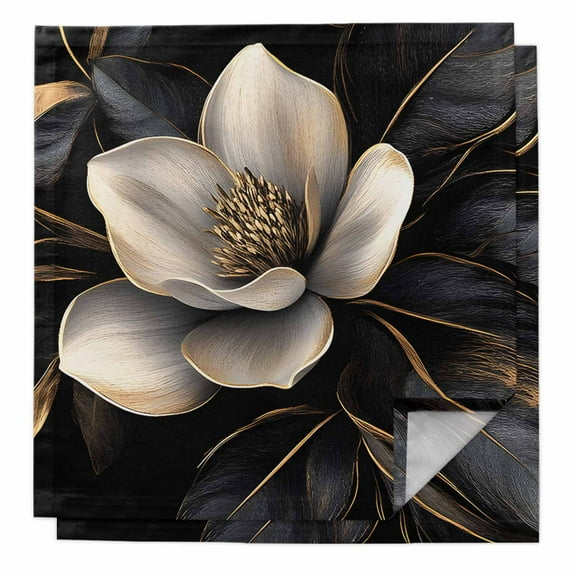 Black Gold Flower Cloth Napkins Washable Set of 2, Gradient Luxurious Floral Botanical Reusable Dinner Table Napkins Cloth Bulk for Weddings Kitchen Restaurants Hotel Events Parties 20 x 20 Inch