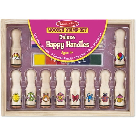 Melissa & Doug Deluxe Happy Handle Stamp Set With 10 Stamps, 5 Colored Pencils, and 6-Color Washable Ink Pad