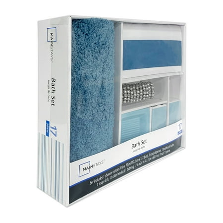 Mainstays 17-Piece Bathroom Set, Blue Stripe