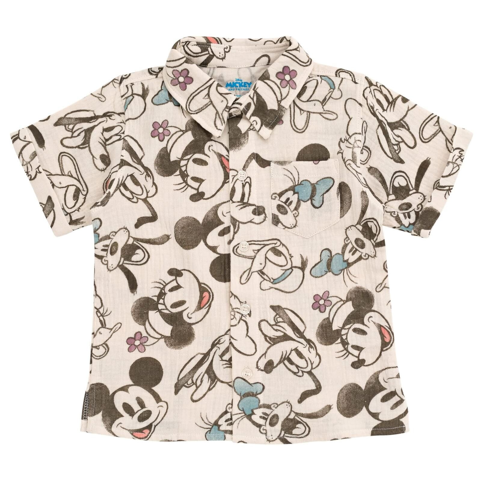 Disney Mickey Mouse Goofy Donald Duck Infant Baby Boys Cotton Gauze Button Down Dress Shirt and Shorts Outfit 24 Months