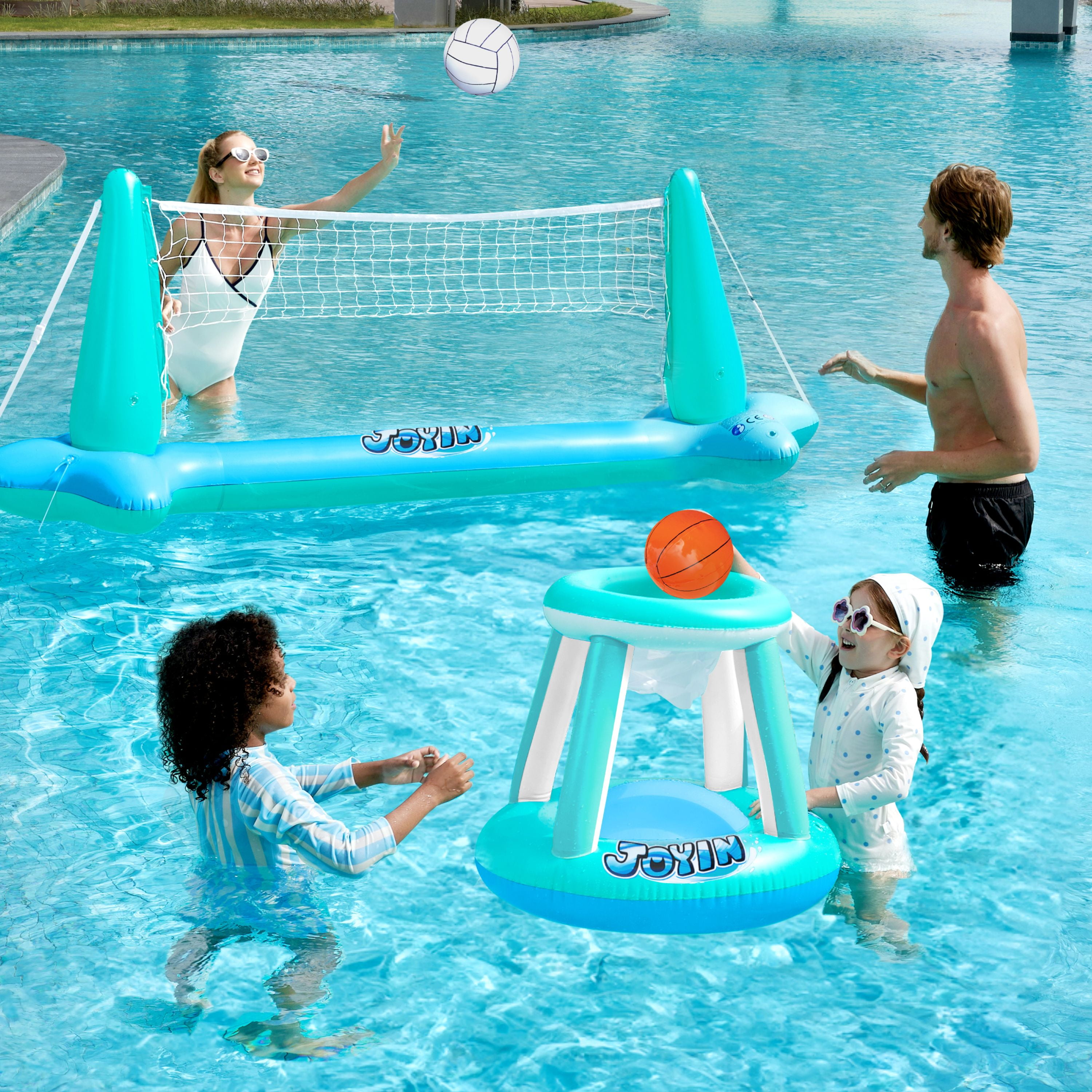 Joyfy Inflatable Pool Float Set Pool Volleyball Net & Basketball Hoops, Summer Pool Toys for Kids and Pool Game Adults, Volleyball Court (105”x28”x35”)|Basketball (27”x23”x27”),L-Blue