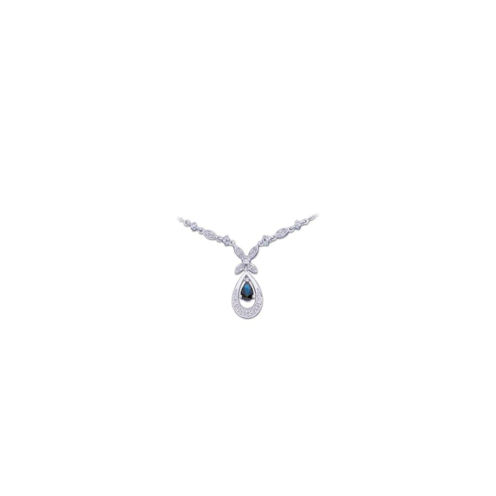 14k White 6x4 0.25 Dwt Gen Blue Sap and Diamond Necklace by