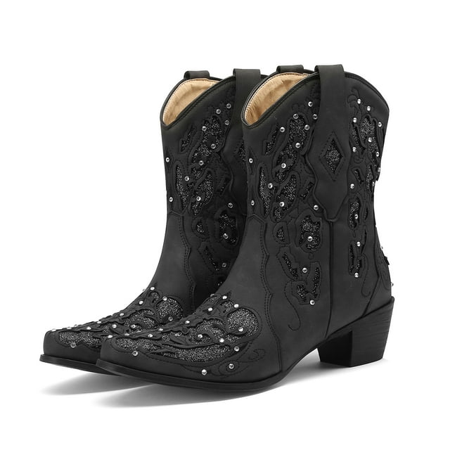 Mepaouo Bottes de Cowboy pour Femmes, Bottines de Cowgirl Brodées Western, Chaussures Rétro Country avec Strass