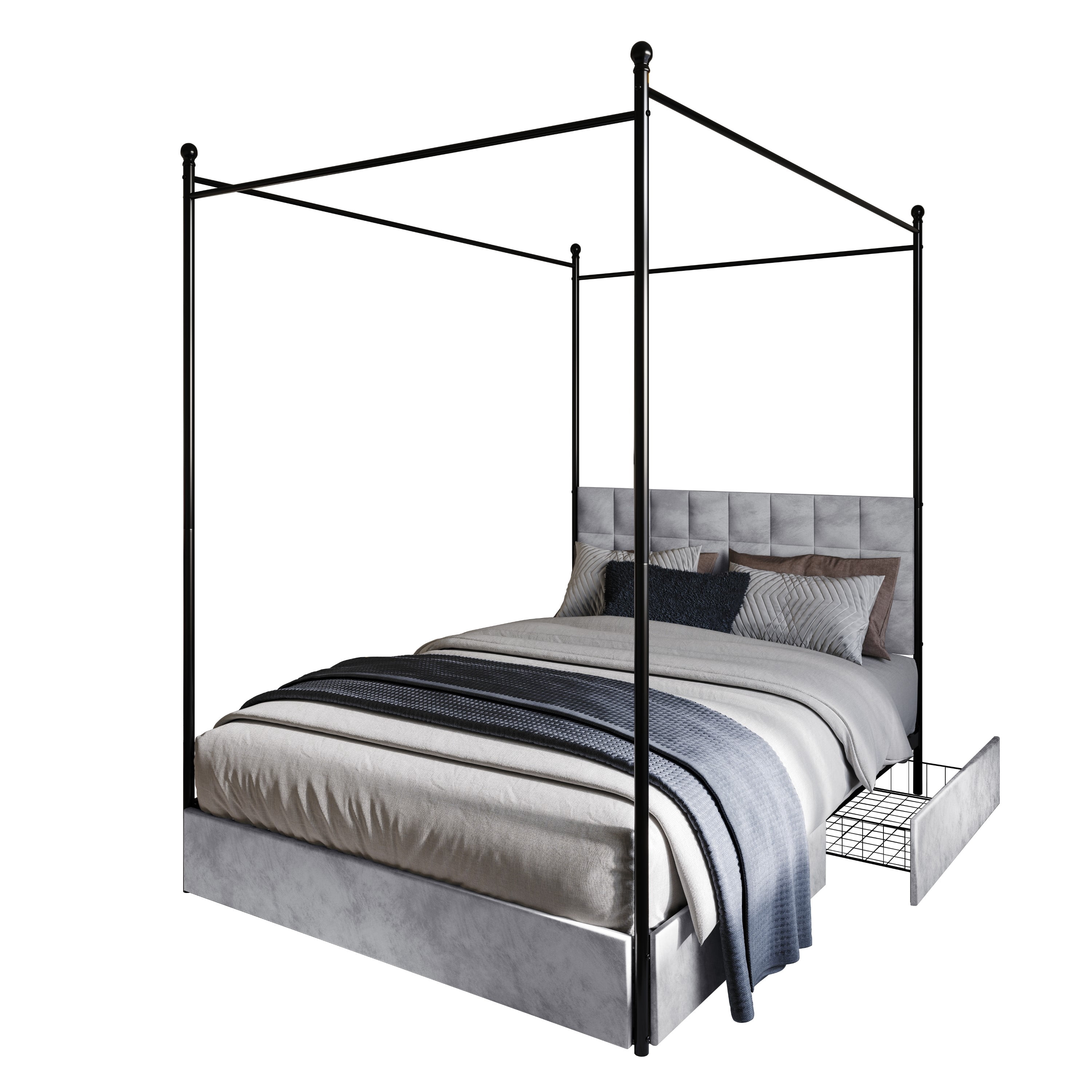 Home Design Hobart King Upholstered Metal Storage Canopy Bed Frame with Square-Tufted Headboard and Four Under-Bed Drawers, Silver Gray, Easy Assembly