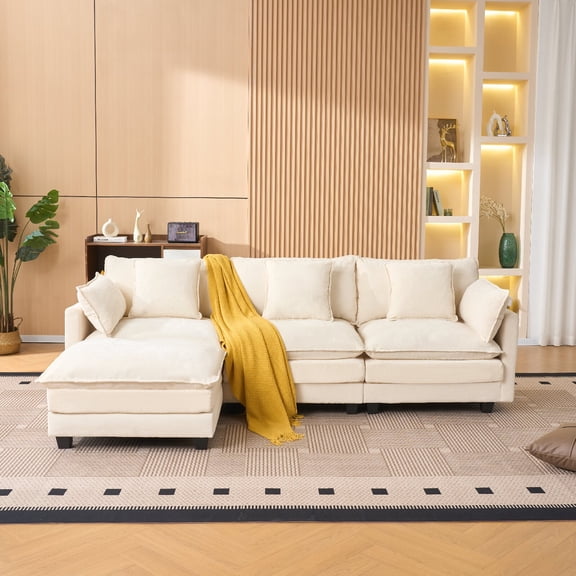 102" L Shaped Sectional Sofa Couch with Storage Ottoman, 3-seat Comfy Upholstered Linen Fabric Modular Modern Cloud Sofa Couches Deep Seat for Living Room, Apartment, Beige