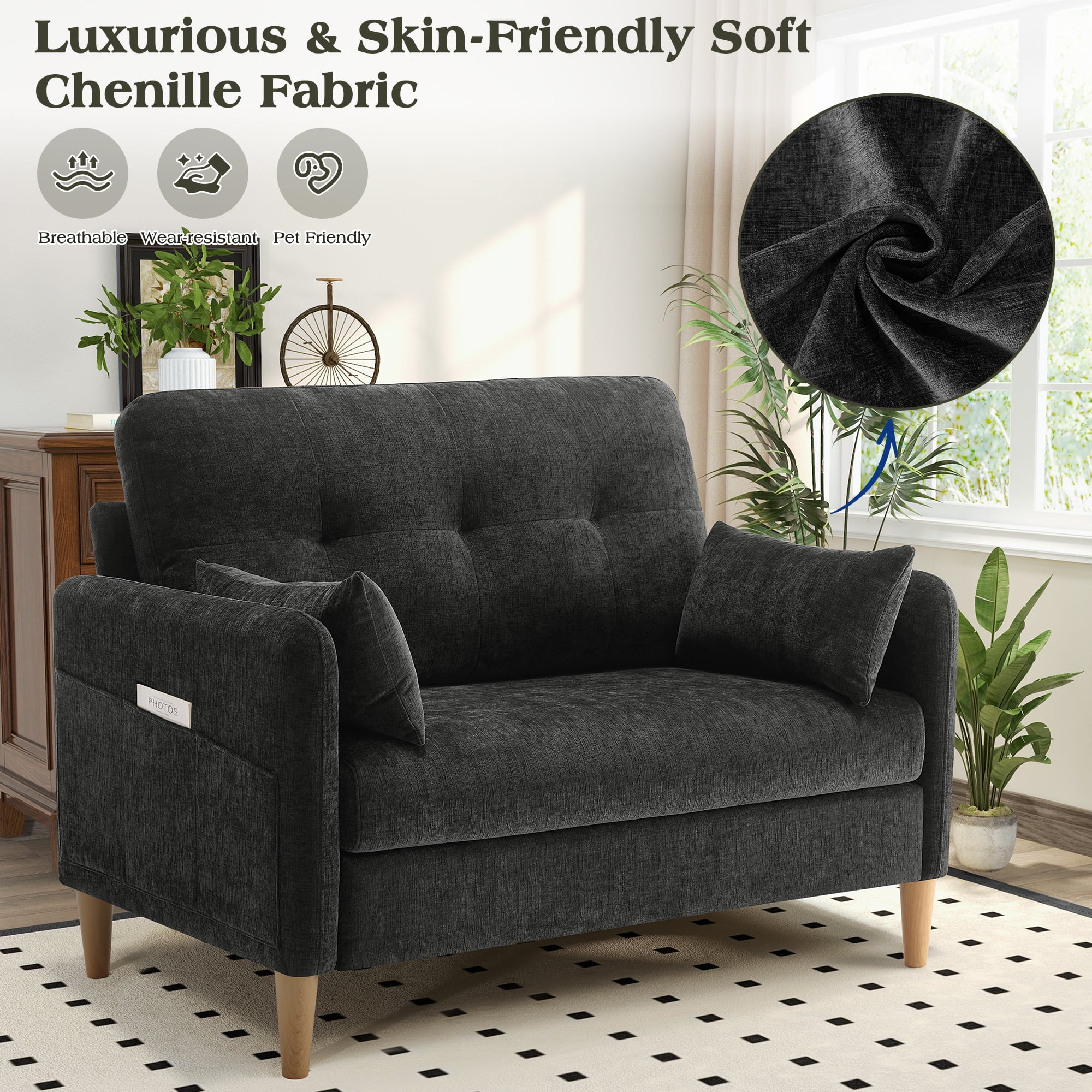 BedLuxury 47'' Wide LoveSeat, 2-seat Chenille sofa with 2 Pillows for Living Room and Small Spaces, Dark Grey