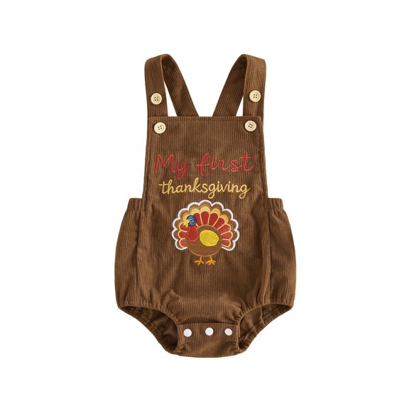 RUINIXCW Newborn Baby Boy Girl My First Thanksgiving Outfit Corduroy Romper Overalls Infant Fall Clothes Turkey Embroidery Sleeveless Bodysuit
