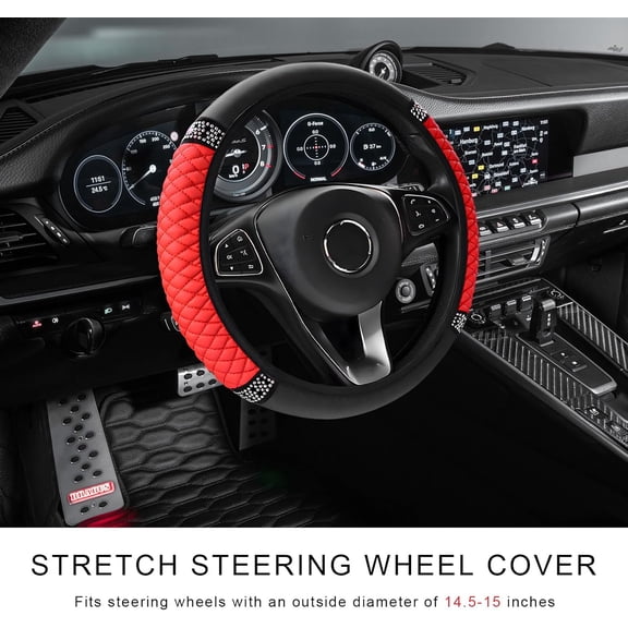 JINYUN-Bling Soft Leather Steering Wheel Cover, 14.5-15 Inch Sparkly Rhinestones Non-Slip Car Steering Wheel Protector, Elastic Auto Steering Wheel Cover Interior for Women Girls (Red)