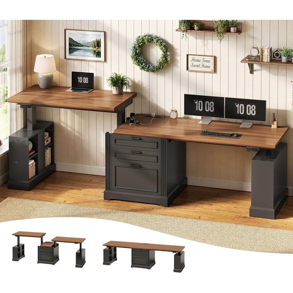 SEDETA 98.4 Inch 2 Person Standing Desk with Drawers Cabinet, Farmhouse Electric Height Adjustable Long Computer Workstation, Double Motorized Sit Stand Office Table with Power Strip, Black   Brown