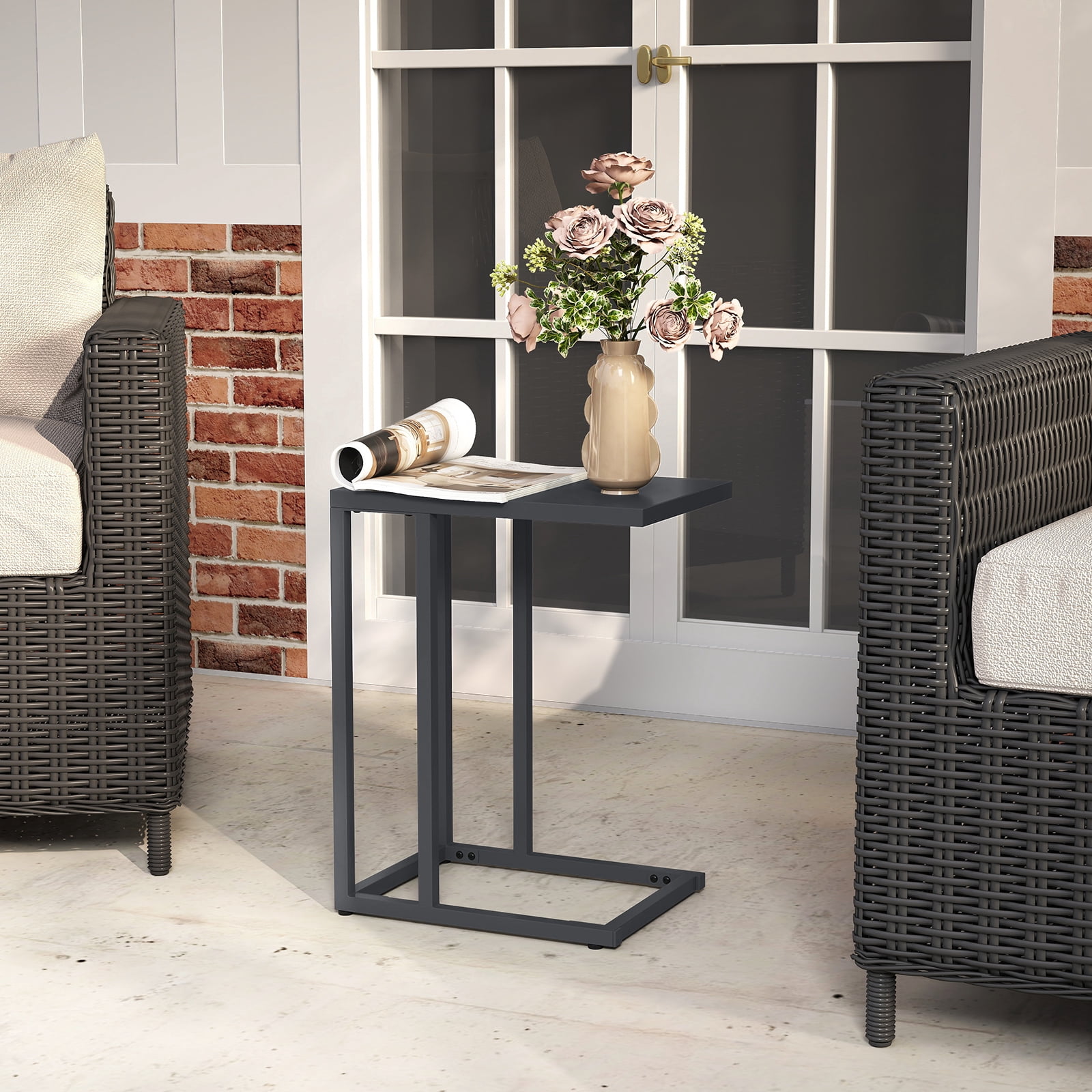 Gymax C Shaped End Table w/ Metal Frame Sofa Table for Small Space Indoor Outdoor