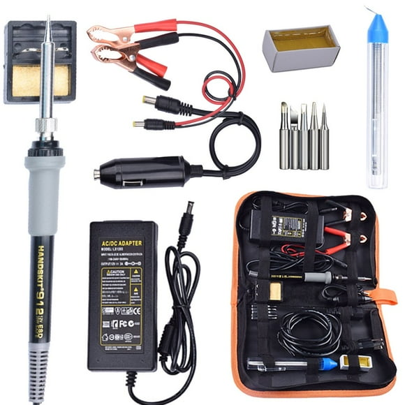 Fer à Souder, Kit de Fer à Souder, Outil de Soudure à Température Réglable 35W, 5 Pcs Embout de Fer à Souder, avec Chargeur de Batterie de Voiture, Adaptateur AC/DC 110-240V/12V 3A, Sac de Transport en PU