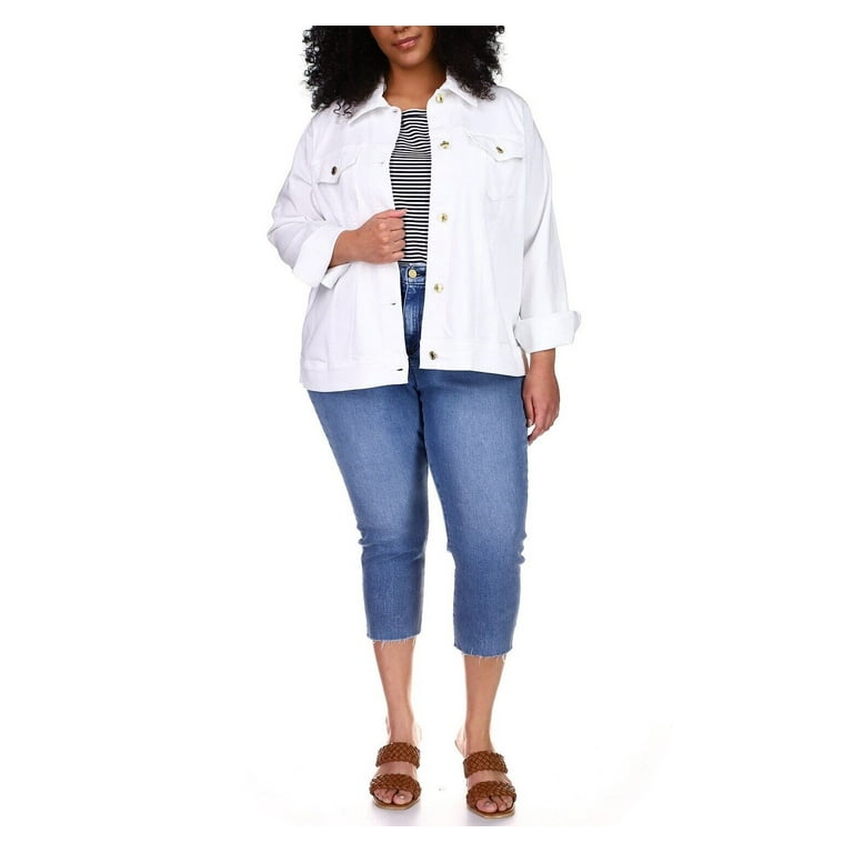 Michael Kors Women's White Zippered Button Up Collard Denim Jacket