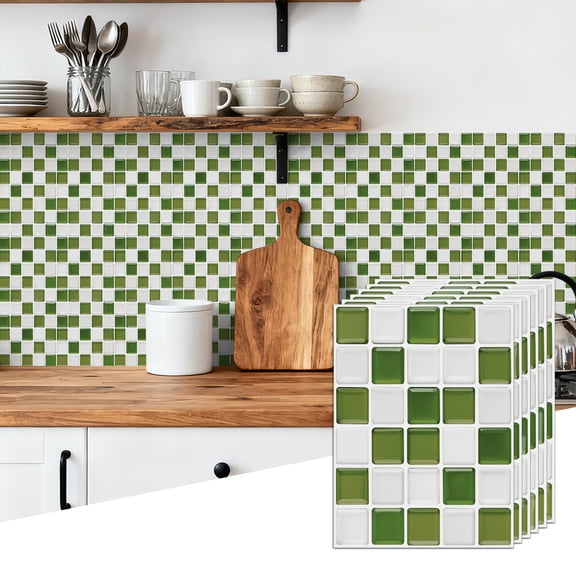 6Piece Self Adhesive Tiles Wall Stickers Decals 6.7" x 9" Mosaic Green and White Waterproof Peel and Stick Kitchen Backsplash Wallpaper