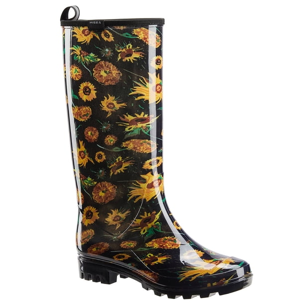 HISEA Botas de Lluvia Coloridas para Mujer, Zapatos de Jardín Antideslizantes Impermeables hasta la Rodilla, Girasol Negro, Talla 7