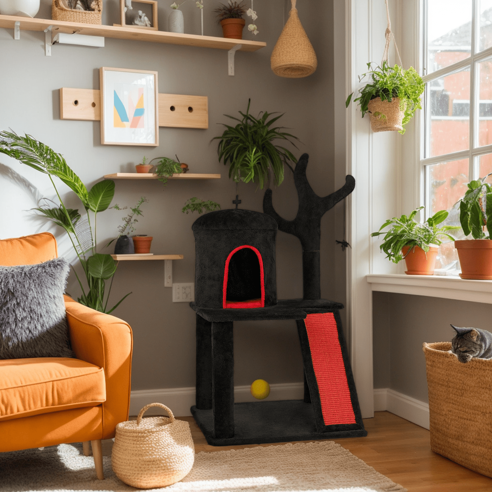 Zephypaws 42" Black Gothic Halloween Cat Tree, Indoor Cat Tower with Condo, Branch Scratching Post, Ladder & Spider Toy, Red & Black Design