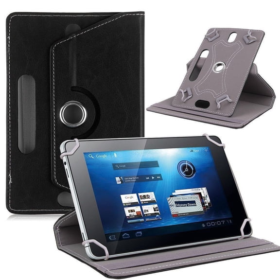Universal 7" Tablet PU Leather Folio 360 Degree Rotating Stand Case Cover Black