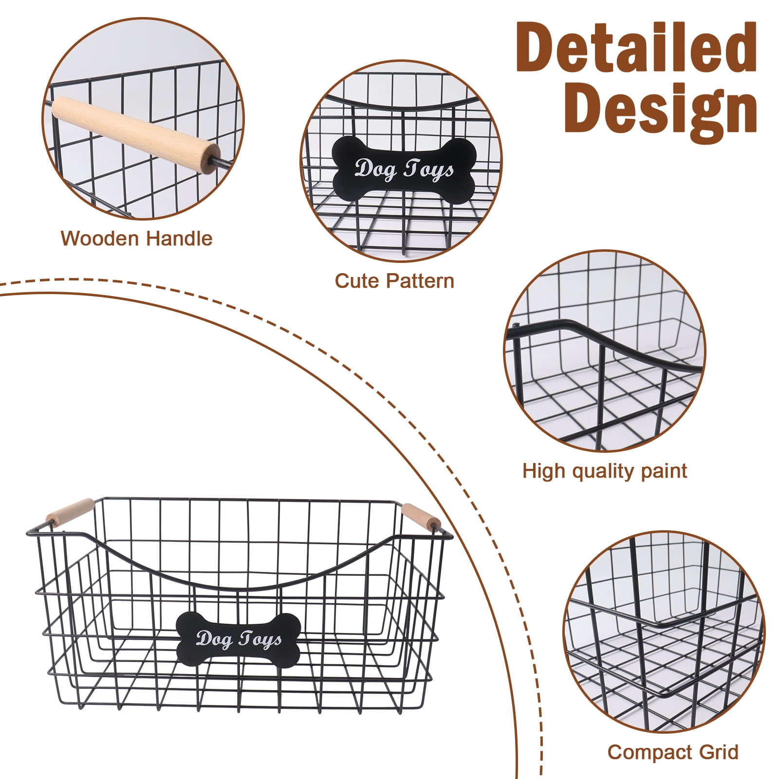 Brabtod Metal Wire Dog Toy Storage Basket - Rectangular Large-Capacity Organizer with Wooden Handles for Pet Toys, Treats, Leashes & Plushies