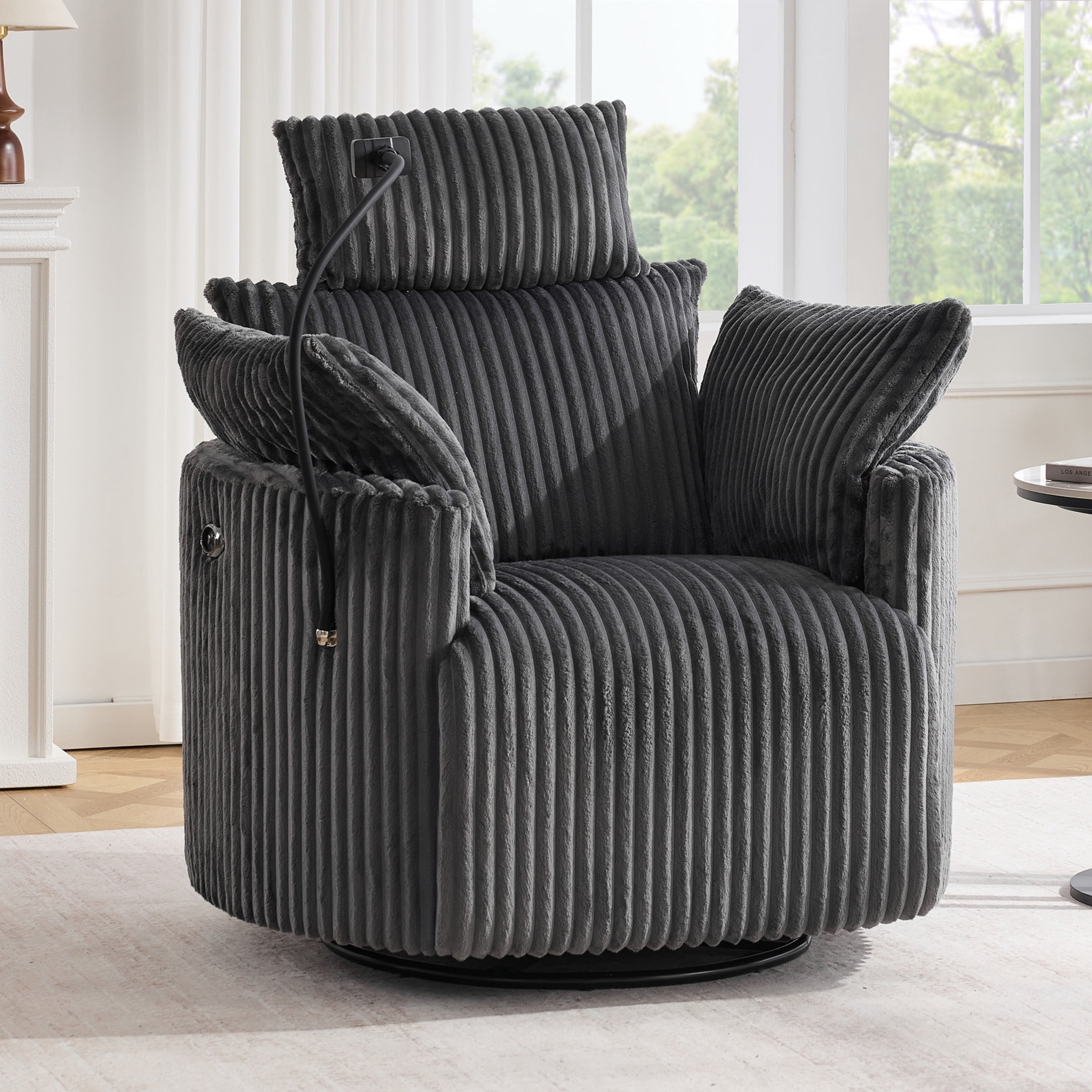 Noble House Sigrid 210° Swivel Rocking Recliner Chair, Electric Power Adjustable Corduroy Armchair with USB, Gray
