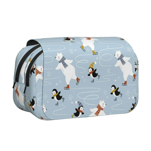 Disketp Skiing penguin Bear Estuche de Lápices de Doble Capa con Tapa Abatible y Cremallera, Organizador Escolar para Adolescentes y Adultos