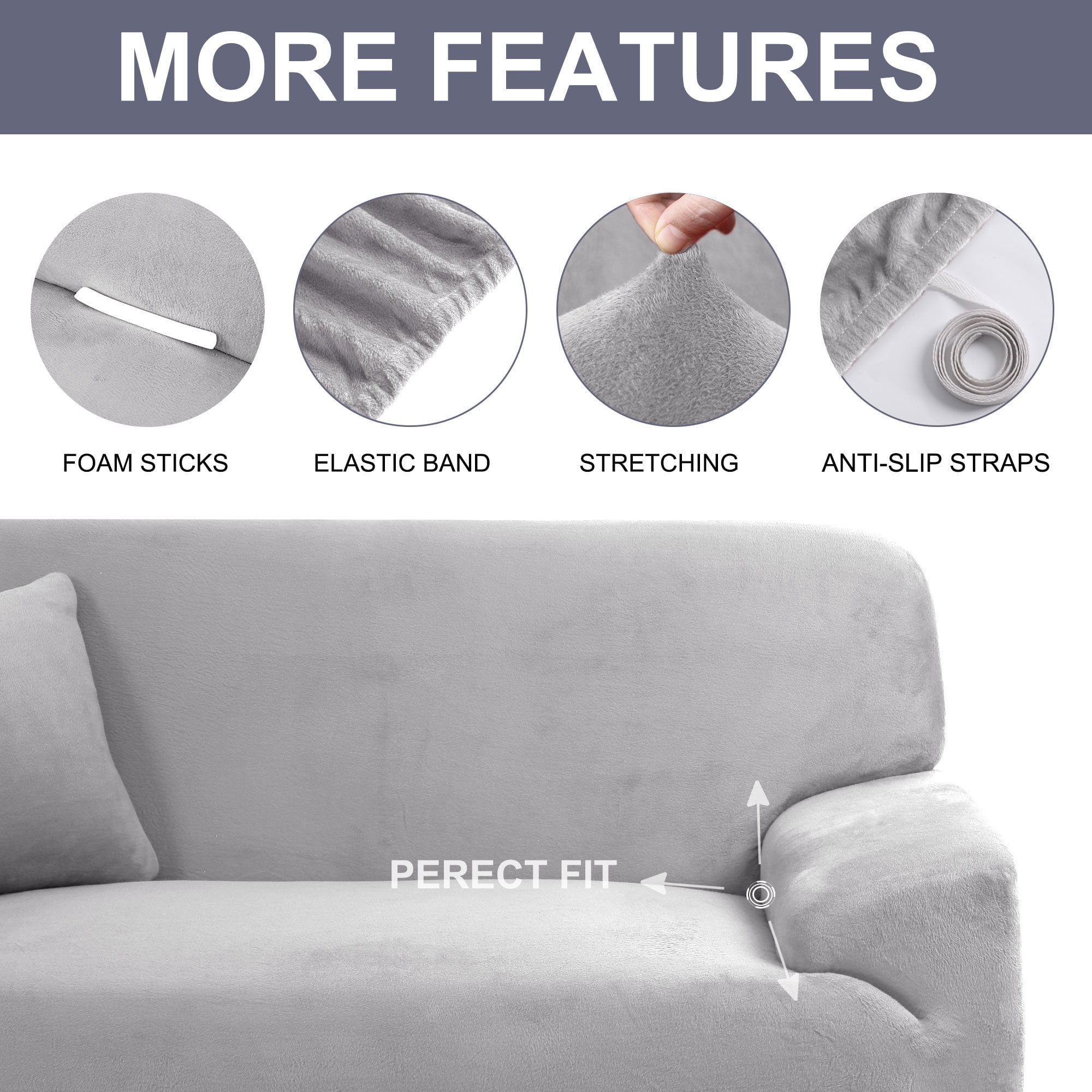 PiccoCasa Velvet Plush Stretch Sofa Slipcover with Cushion Cover, Dary Gray Large