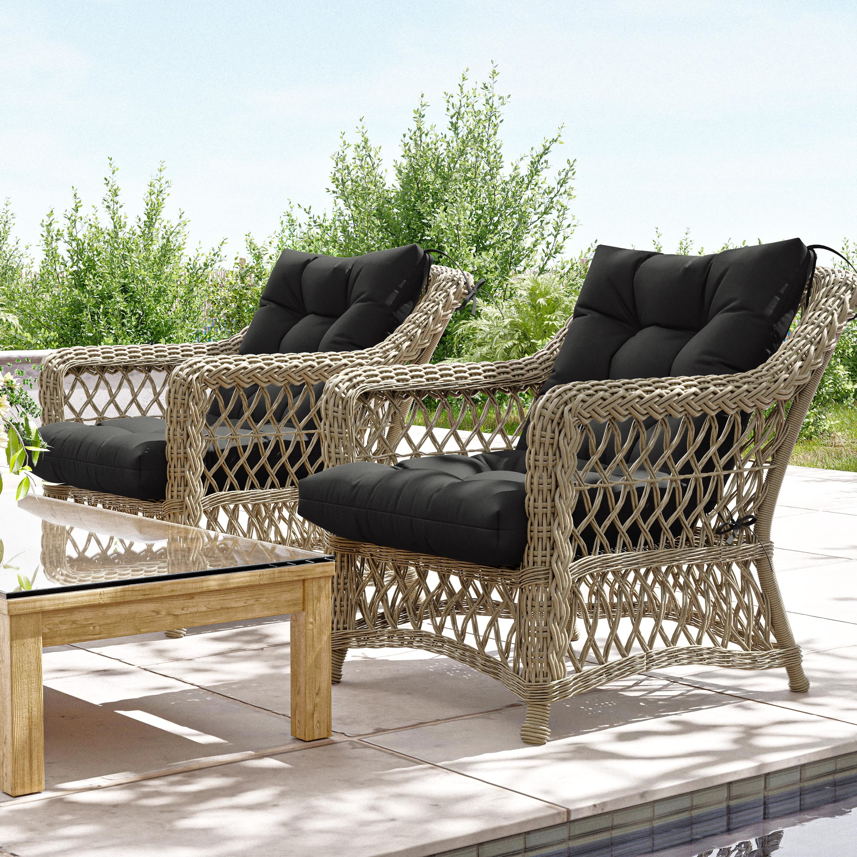 Pakunoda Chairs Cushions 42" X 21" Tufted Non Slip Pad Seat and Seatback 2 Set Cushion with Ties for Patio Outdoor & Indoor Rocking Chair, Black