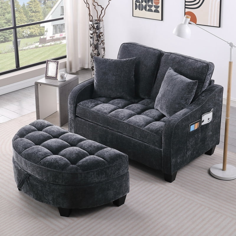 Double Sofa Chaise Lounge with 2 Pillows and Irregular Armrests, 2-Seater Sofa with Storage Ottoman, Convertible Sleeper Sofa Bed for Living Room Bedroom