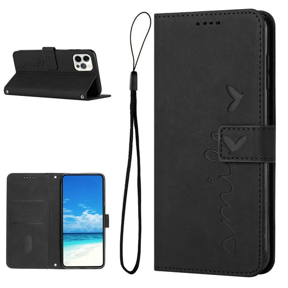 Feishell for iPhone 14 Pro Max 6.7 inch Wallet Case,for Women Men,Love Heart Pattern Embossed Plain PU Leather Magnetic Clasp Credit Card Slots Folio Flip Kickstand Phone Cover,Black