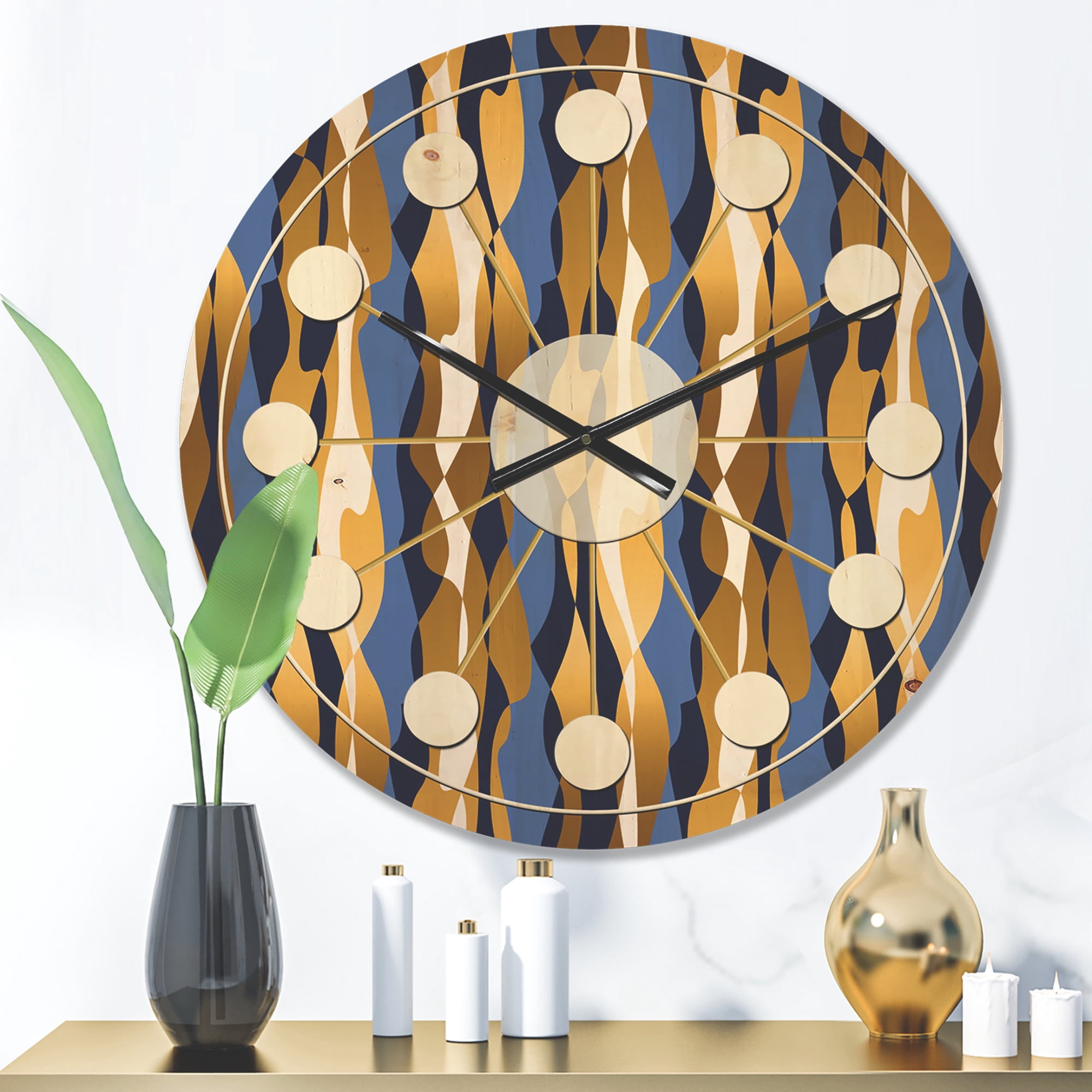 Designart 'Retro Luxury Waves In Blue and Gold I' Mid-Century Modern Wood Wall Clock