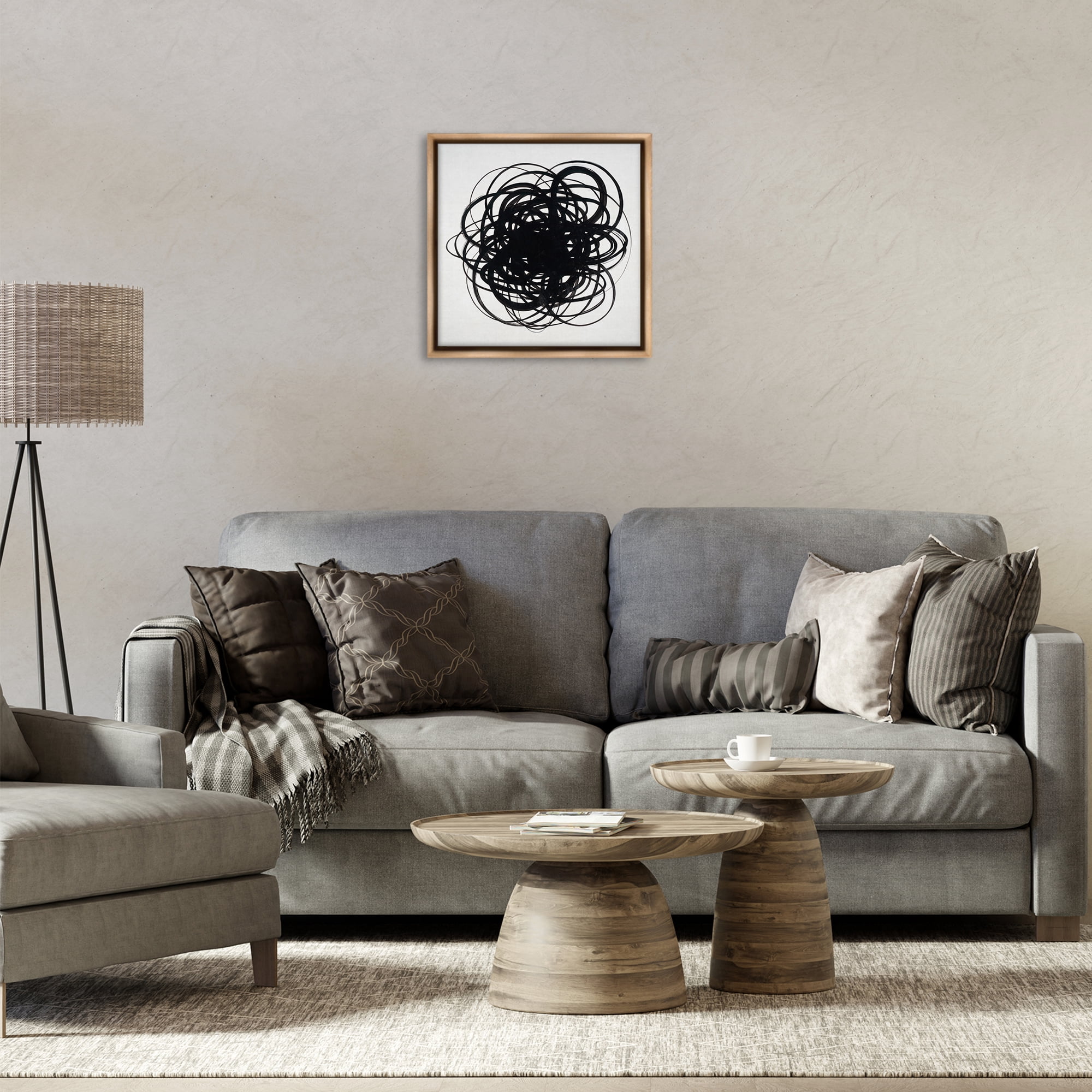 Stupell Industries Black Chaotic Scribble Abstract Painting Brown Floater Framed Canvas Art Print Wall Art, 18 x 18