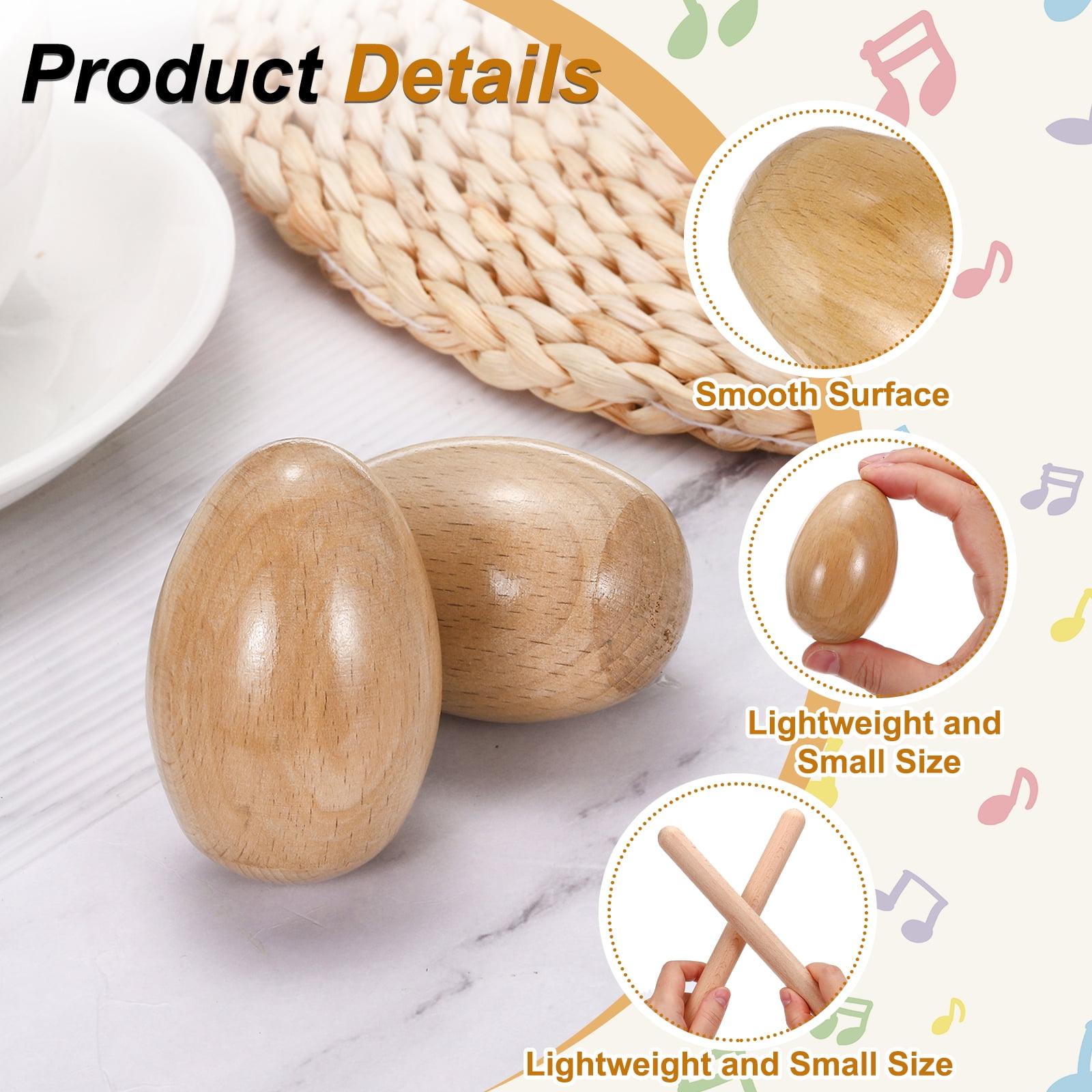 Uxcell 4 Pcs Wood Egg Shaker Wood Musical Eggs with 2 Pairs Drum Sticks Hand Percussion Shaker Wooden Hand Percussion Instrument for DIY Painting Music Learning Party (Wood Color)