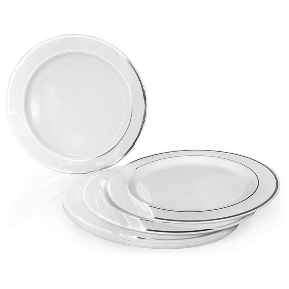" OCCASIONS " 60 Plates Pack, Heavyweight Disposable Wedding Party Plastic Plates (6.25'' Dessert/Bread Plate, White & Silver Rim)