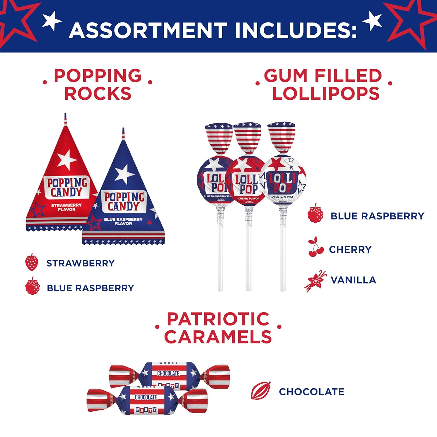 PartyWorks Patriotic Candy Assortment, Independence Day, July 4th - Chocolate Caramels, Lollipops, Popping Rocks Pouches - 3-Pound Pack
